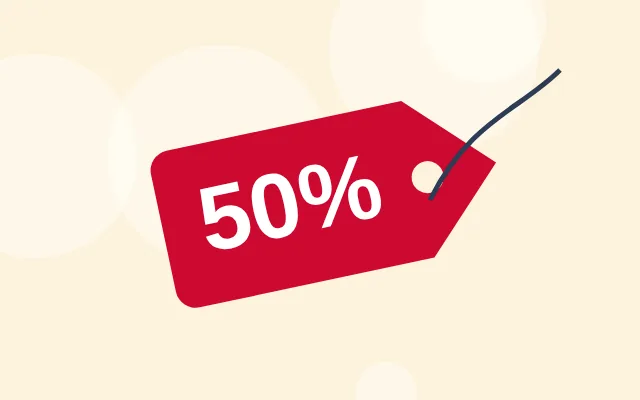 Etiqueta de preço com 50% de desconto