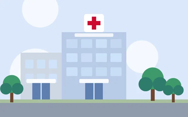 Ilustração de um prédio hospitalar com cruz vermelha no topo