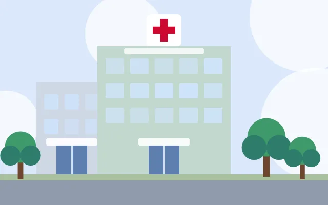 Ilustração de hospital em tons de verde com árvores na frente
