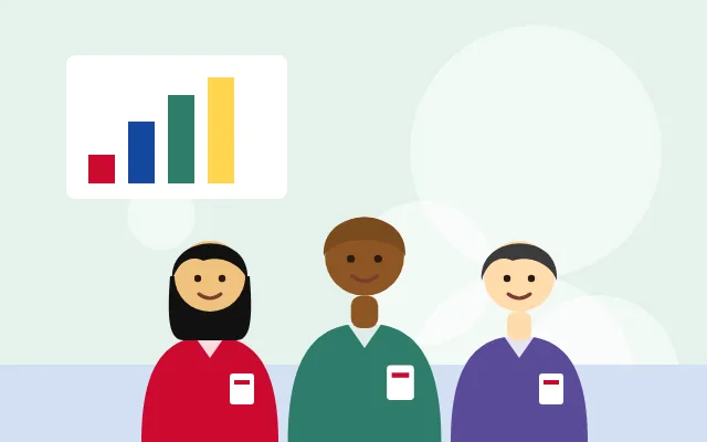 Três colegas de uma pequena empresa em frente a um gráfico de resultados
